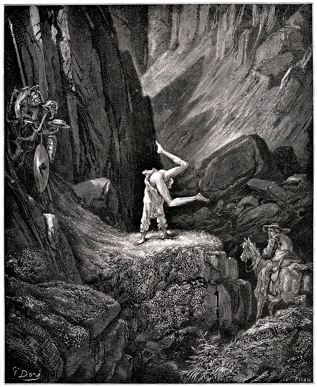Den geniale Hidalgo Don Quixote de la Mancha (Quixotte - Quijote) af Miguel de Cervantes (1547-1616): Ridderen får den triste skikkelse til at lave cabrioles, der "klæder visse ting af, som Sancho, for ikke at se dem, skynder sig at vende sig om, tilfreds  af Gustave Dore