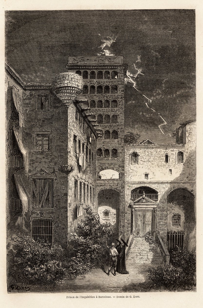 Inkvisitionsfængslet i Barcelona, tegning af Gustave Dore (1832-1883), for at illustrere hans rejse til Spanien, med C. Davillier, i 1862. Indgravering i "" Le tour du monde ", redigeret af Edouard Charton af Gustave Dore