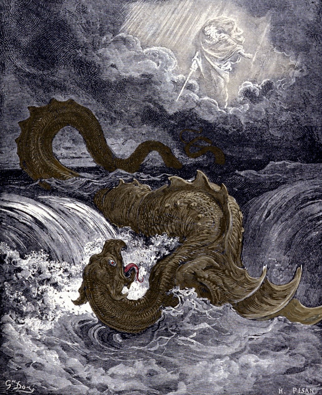 Leviathan, søuhyret, der ligner den søslange, der omtales i Bibelen. Illustrationer af Bibelen af Gustave Dore. Indgravering af det 19. århundrede. af Gustave Dore