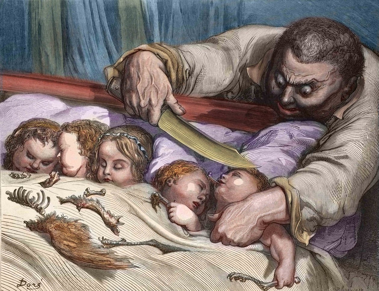 Den lille tommelfinger af Charles Perrault (fransk forfatter) Kæmpen skar sine døtres halse over uden tøven (gravering) af Gustave Dore