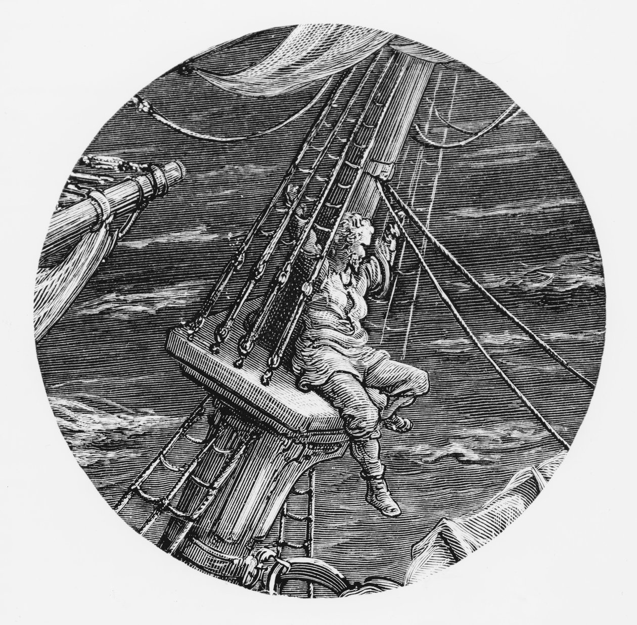 Søfareren oppe i skibets poop, scene fra "The Rime of the Ancient Mariner" af S.T. Coleridge, udgivet af Harper und Brothers, New York, 1876 (træsnit) af Gustave Dore