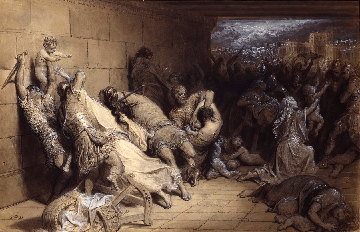The Massacre of the Innocents, ca. 1870 (pen & blæk med vask forhøjet med hvidt på papir) af Gustave Dore
