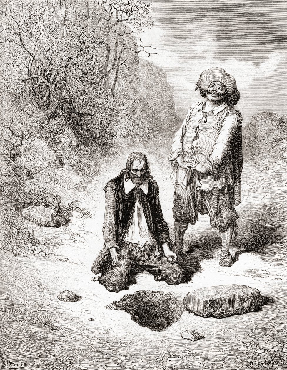The Miser Who Lost His Treasure, fra en udgave af det sene 19. århundrede af Fables de La Fontaine (trægravering) af Gustave Dore
