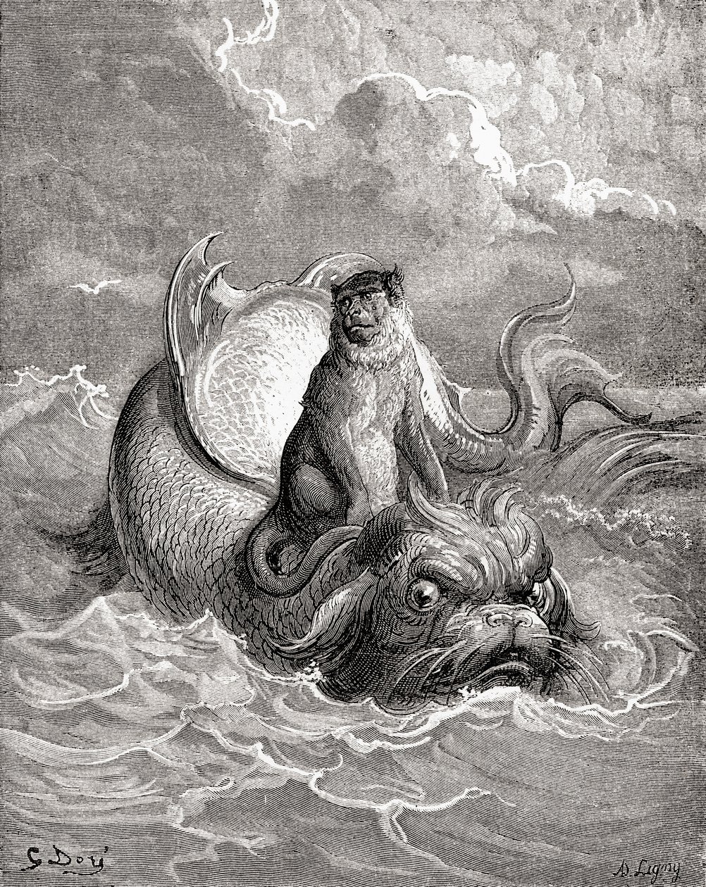 Aben og delfinen efter et værk af Gustave Dore til en La Fontaine-fabel. Fra Life and Reminiscences of Gustave Dore, udgivet i 1885. af Gustave Dore