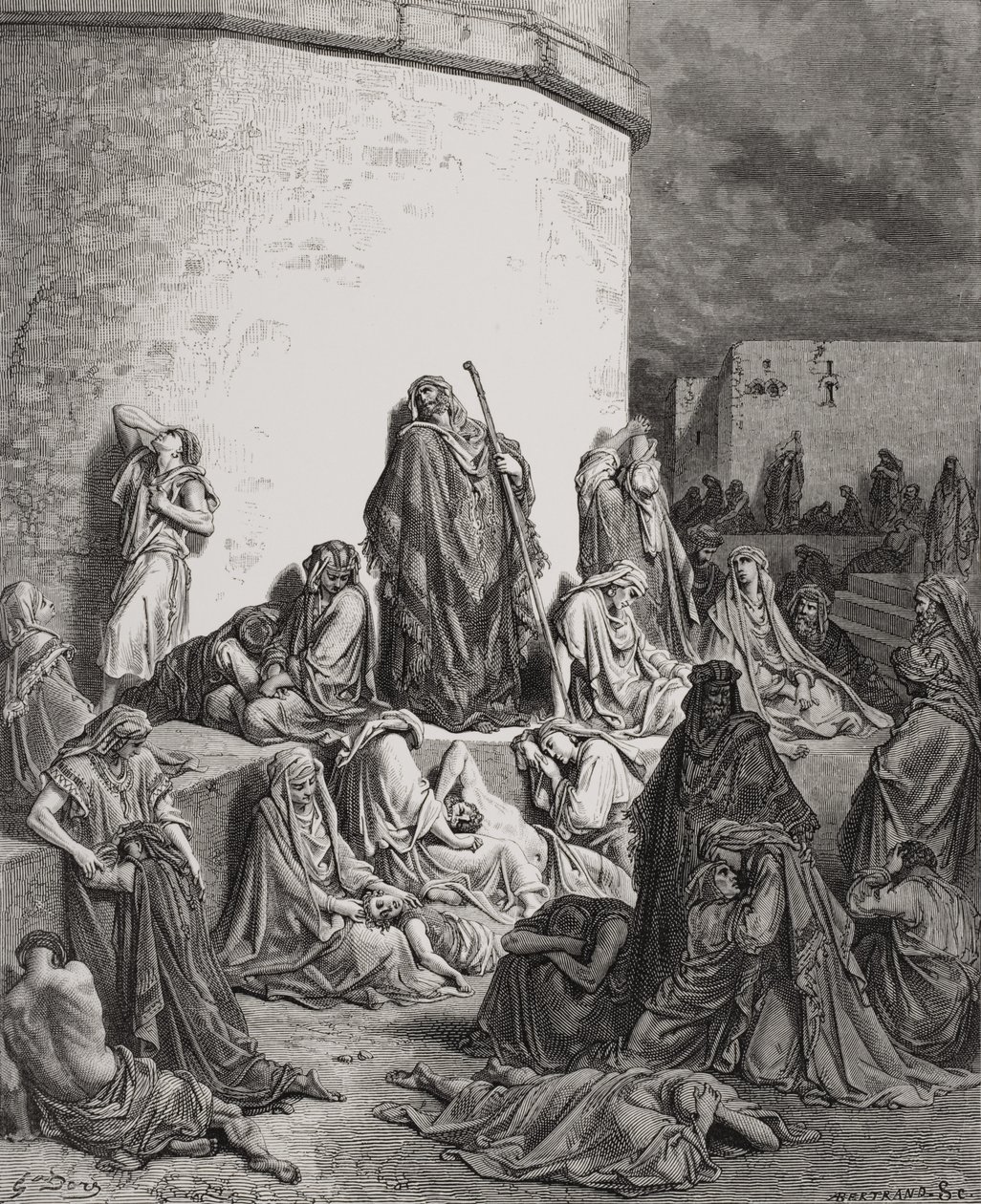 Folket sørger over ruinerne af Jerusalem, Lamentations 1:1-2 illustration fra Dores 