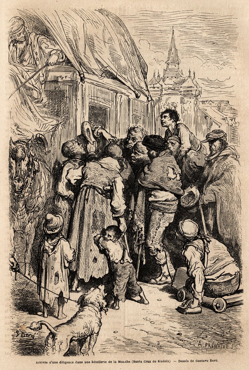 Ankomsten af flid på et hotel i Santa Cruz de Modela (Mancha -provinsen), overfaldet af tiggere, der opfordrer til Almone. Tegning af Gustave Dore (1832-1883). Gravering for at illustrere rejsen i Spanien, i 1862 af Charles Davillier og Gustave Dore, i af Gustave Dore