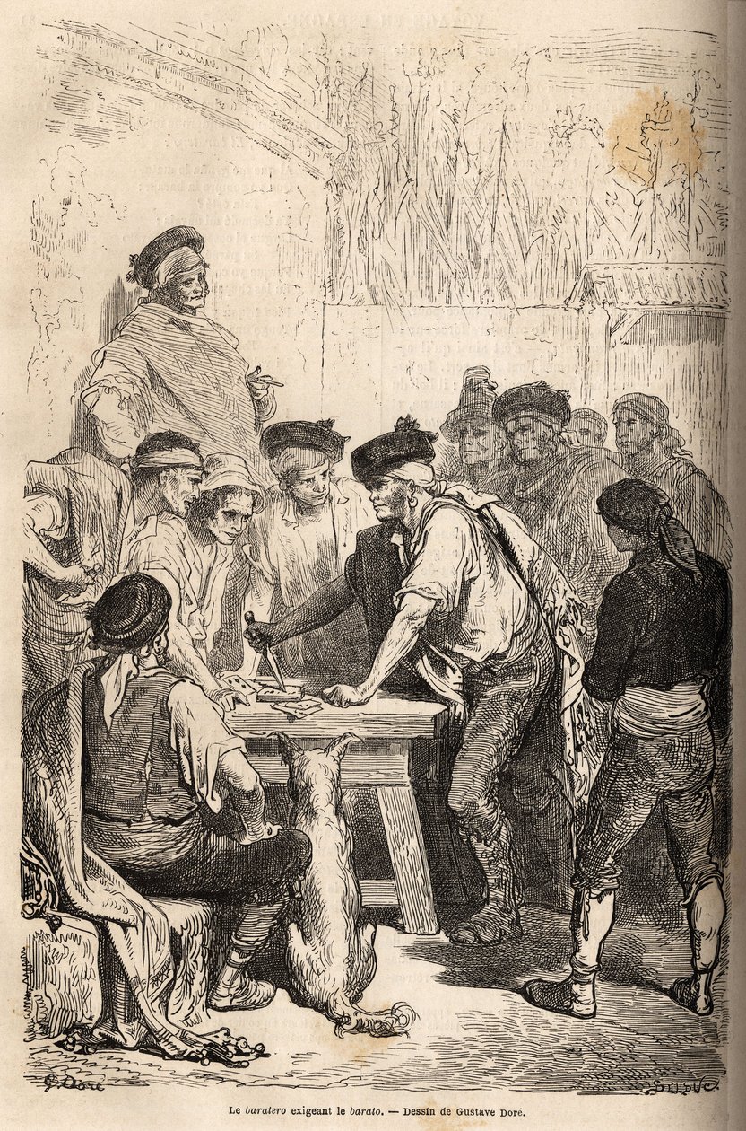 Navajaens baratero våben, der kræver den barato, hyldest, at han arrogerede på mængden af hemmelige spil. Tegning af Gustave Dore (1832-1883), til illustration af hans rejse til Spanien i 1862, med Ch. Davillier. Indgravering i "" Le tour du monde"", red af Gustave Dore