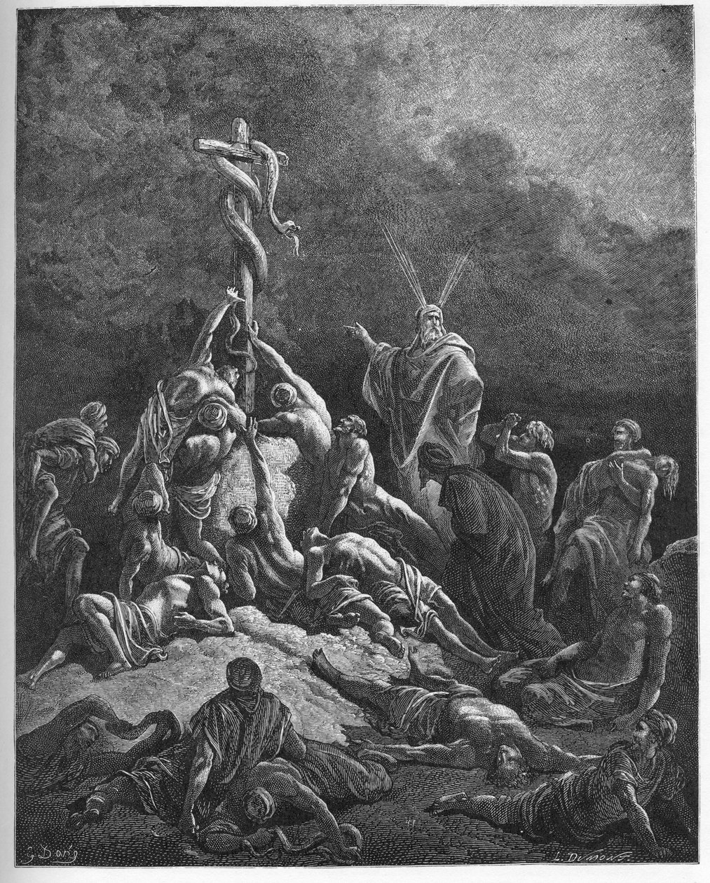 Den skamløse slange - "" Den kobberslange"" - Anden Mosebog (nahash), forvandlingen af Moses stok til en slange - Moses og den kobberslange - - indgravering i "" Bibelen illustree"" af Gustave Dore ( 1832-1883) - Indgravering fra "" The Dore Bi af Gustave Dore