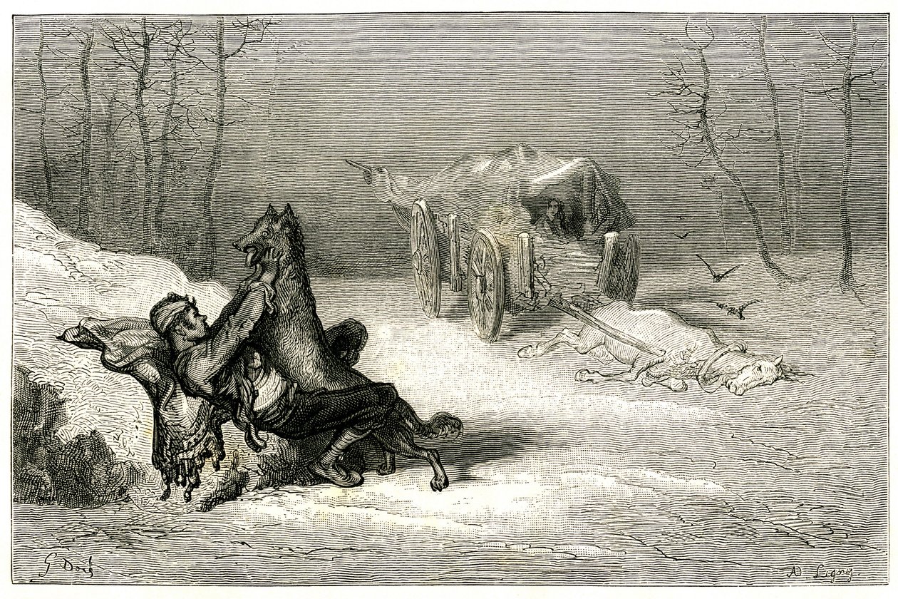Røveren Agostin bliver angrebet af en ulv, og i nærheden af den døde hest, der stadig sidder i vognen, opgiver komikerne eller gemmer den lille Chiquita. Kobberstik af Gustave Dore, der illustrerer Theophile Gautiers roman "Le capitaine Fracasse", edition  af Gustave Dore