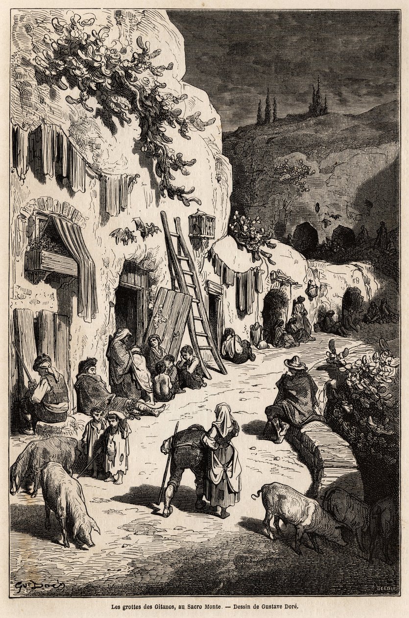 Sigøjnernes huler (underjordiske huse) i Sacro Monte, i Granada. Tegning af Gustave Dore (1832-1883), til illustration af hans rejse til Spanien i 1862, ledsaget af Ch.Davillier. Indgravering i "" Le tour du monde"", redigeret af Edouard Charton af Gustave Dore