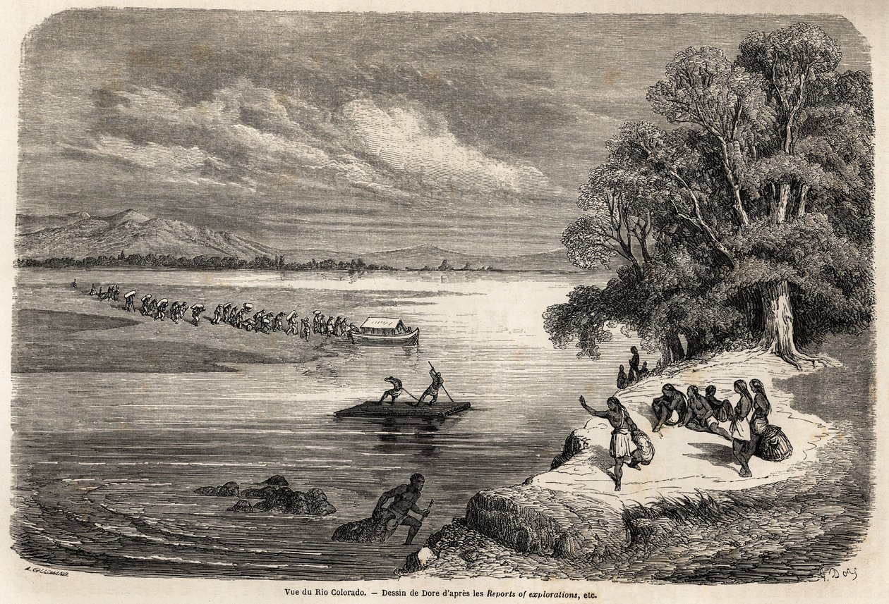 Overfarten af Colorado-floden med flåde, ledsaget af nogle Mohaves-indianere, tegning af Gustave Dore (1832-1883), for at illustrere Mississippi-rejsen til Stillehavet i 1853-54 af Baudouin Mollhausen (1825-1905). Indgravering i "" Le tour du af Gustave Dore