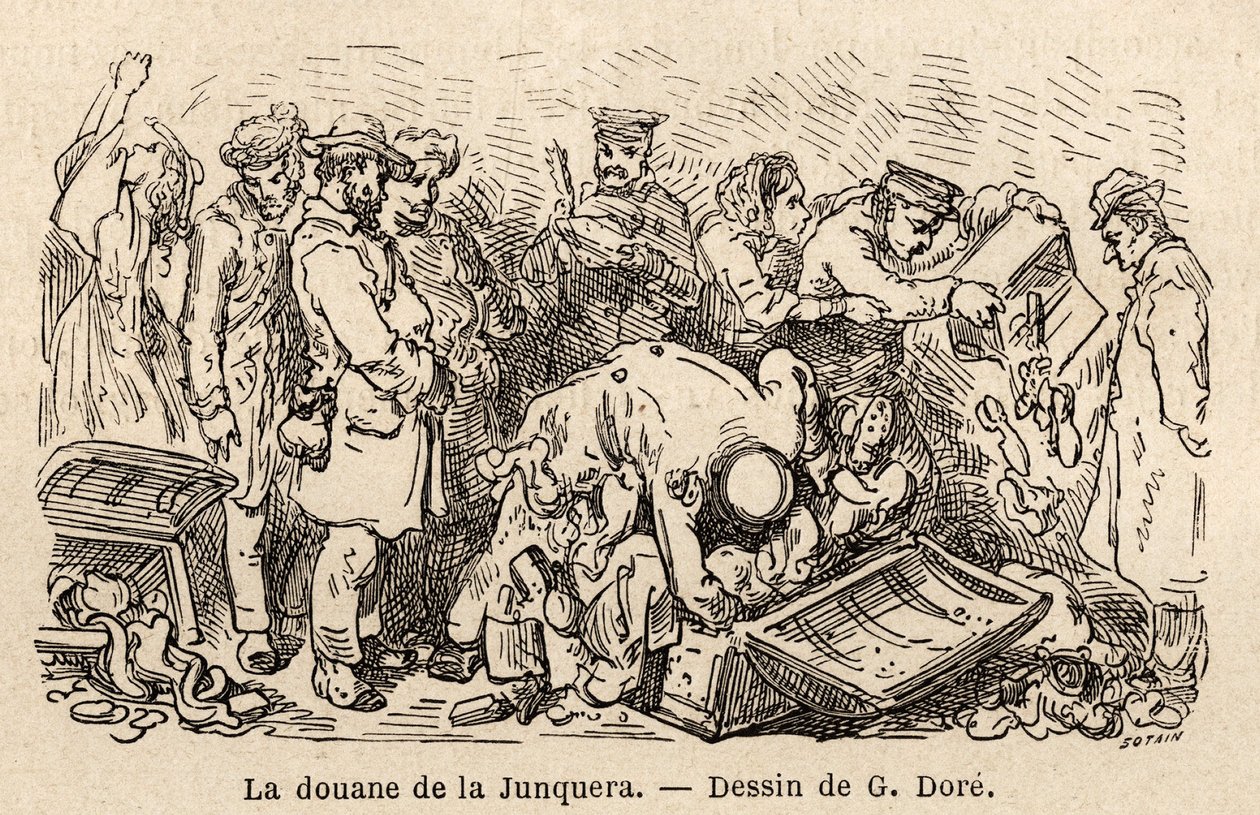 Skikkene i junquera (by beliggende mellem Catalonien og provinsen Gerona), tegning af Gustave Dore (1832-1883), for at illustrere hans rejse til Spanien, med C. Davillier, i 1862. Indgravering i "" Le tour du monde "", redigeret af Edouard Charton af Gustave Dore