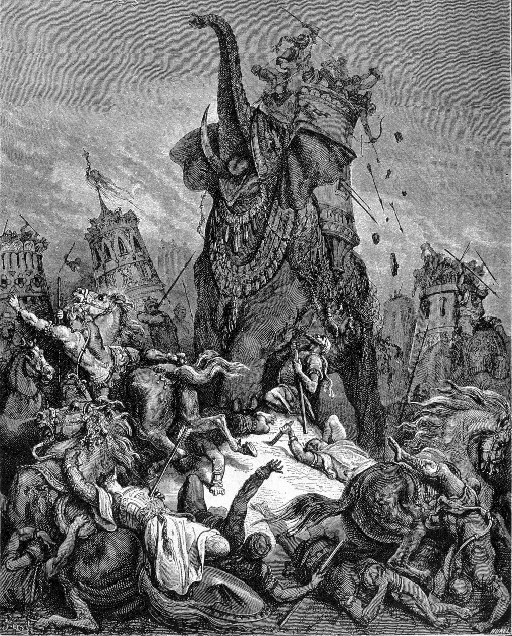 Døden af Eleazar Macchabee (Maccabee eller Macabee), ung bror til Judas Maccabee, under Antiochos IV Epiphanes styre (175-164 f.Kr.). Han er knust af en elefant. "Bibelen" illustreret af Gustave Dore. Indgravering af det 19. århundrede. af Gustave Dore