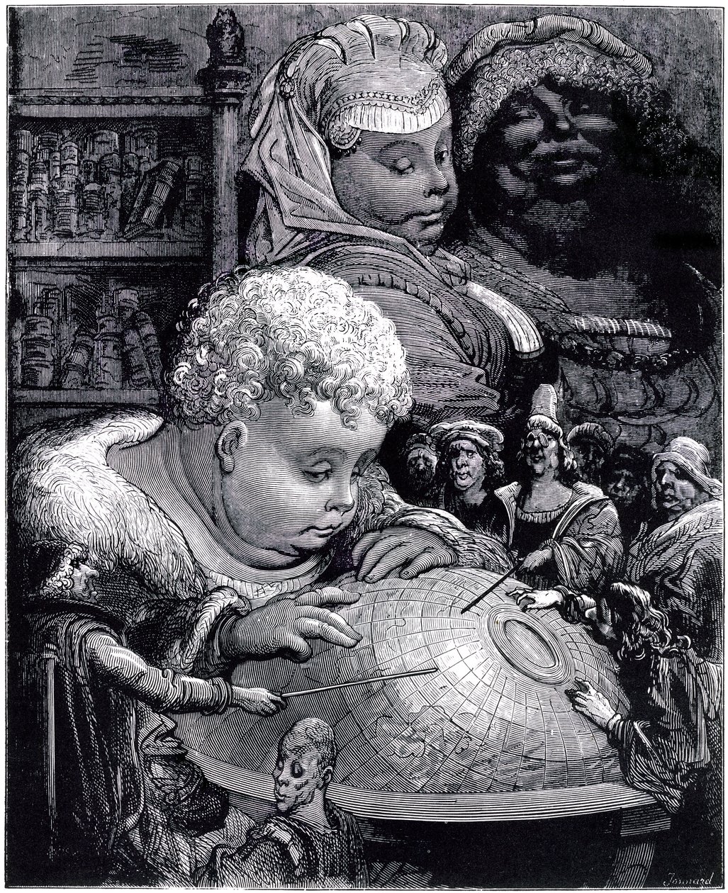 Uddannelsen af Gargantua: kæmpen, barnet, studerer en klode med sine lærere under sine forældres øjne af Gustave Dore