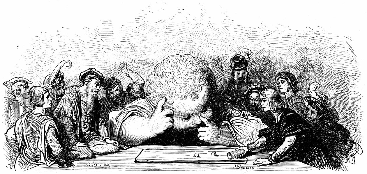 Gant Gargantua-barnets uddannelse: Han lærer at spille des. Illustration af Gustave Dore til Francois Rabelais