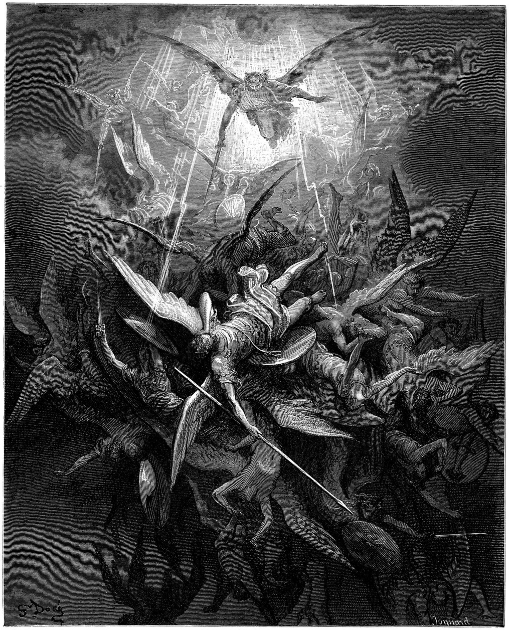 Englenes fald (the angels dechus) Illustration af Gustave Dore til "Paradise Lost" af John Milton (1608-1674). Gravering fra 1866. Privat samling af Gustave Dore