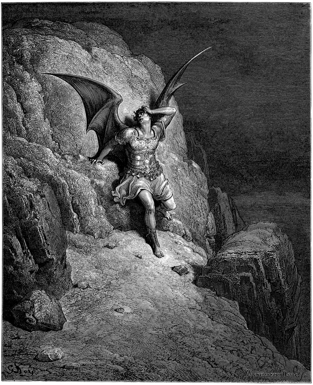 Englen Lucifers fald (Satan, englen dechu, faldt fra himlen til jorden). Illustration af Gustave Dore til "Paradise Lost" af John Milton (1608-1674). Gravering fra 1866. Privat samling af Gustave Dore