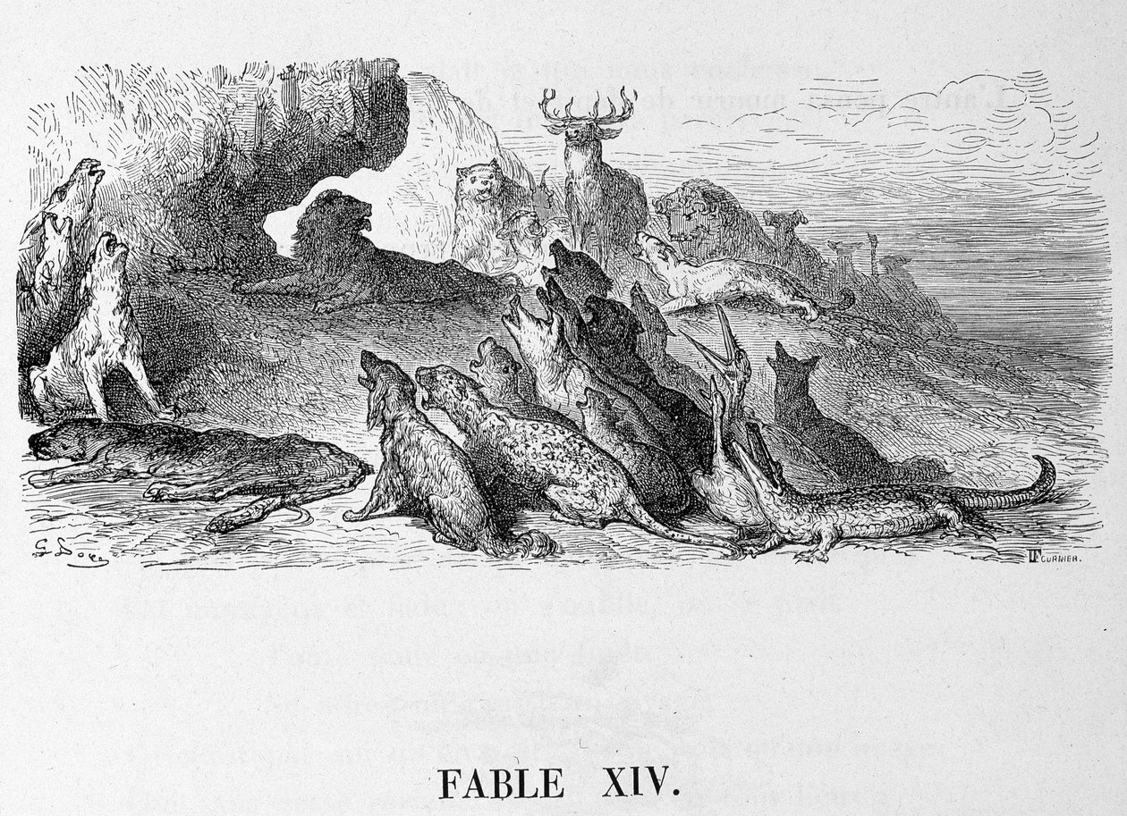 Begravelsen af løvinden - i "" Fables"" de La Fontaine, ill. af Doré af Gustave Dore