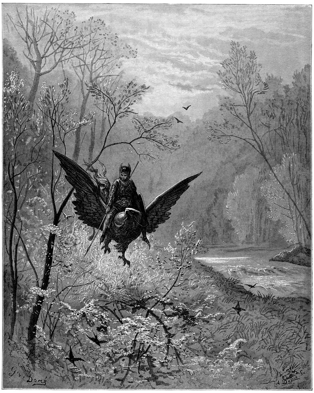 Flodhesten, besteget af ridderen Ruggiero (Roger, Ruggero), ankommer til en grinende region - Kobberstik af Gustave Dore til "Den rasende Roland" af Ludovico Ariosto (1474-1533) dit l