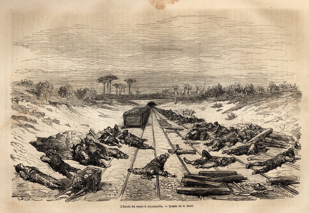 Hviletimen i Argamasilla hviler de mange jernbanearbejdere, der ligger på banen, i fuld sol. Gravering til illustration af rejsen til Spanien af Gustave Dore (1832-1883) illustrator og baron Ch. Davillier reaktor, i 1862, offentliggjort i "Le tour du monde af Gustave Dore