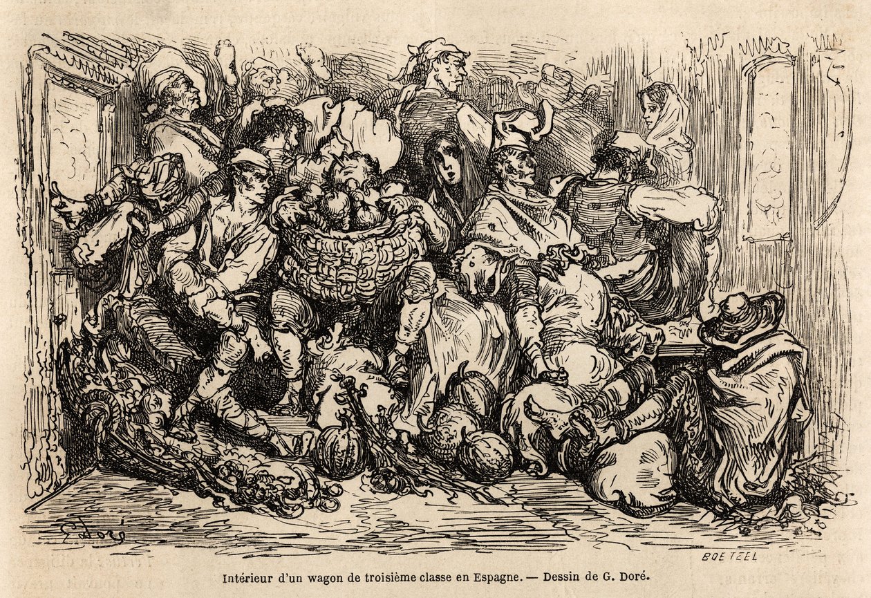 Interiøret af en tredje klasses vogn i Spanien, tegning af Gustave Dore (1832-1883), for at illustrere hans rejse til Spanien, med C. Davillier, i 1862. Indgravering i "" Le tour du monde "", redigeret af Edouard Charton af Gustave Dore