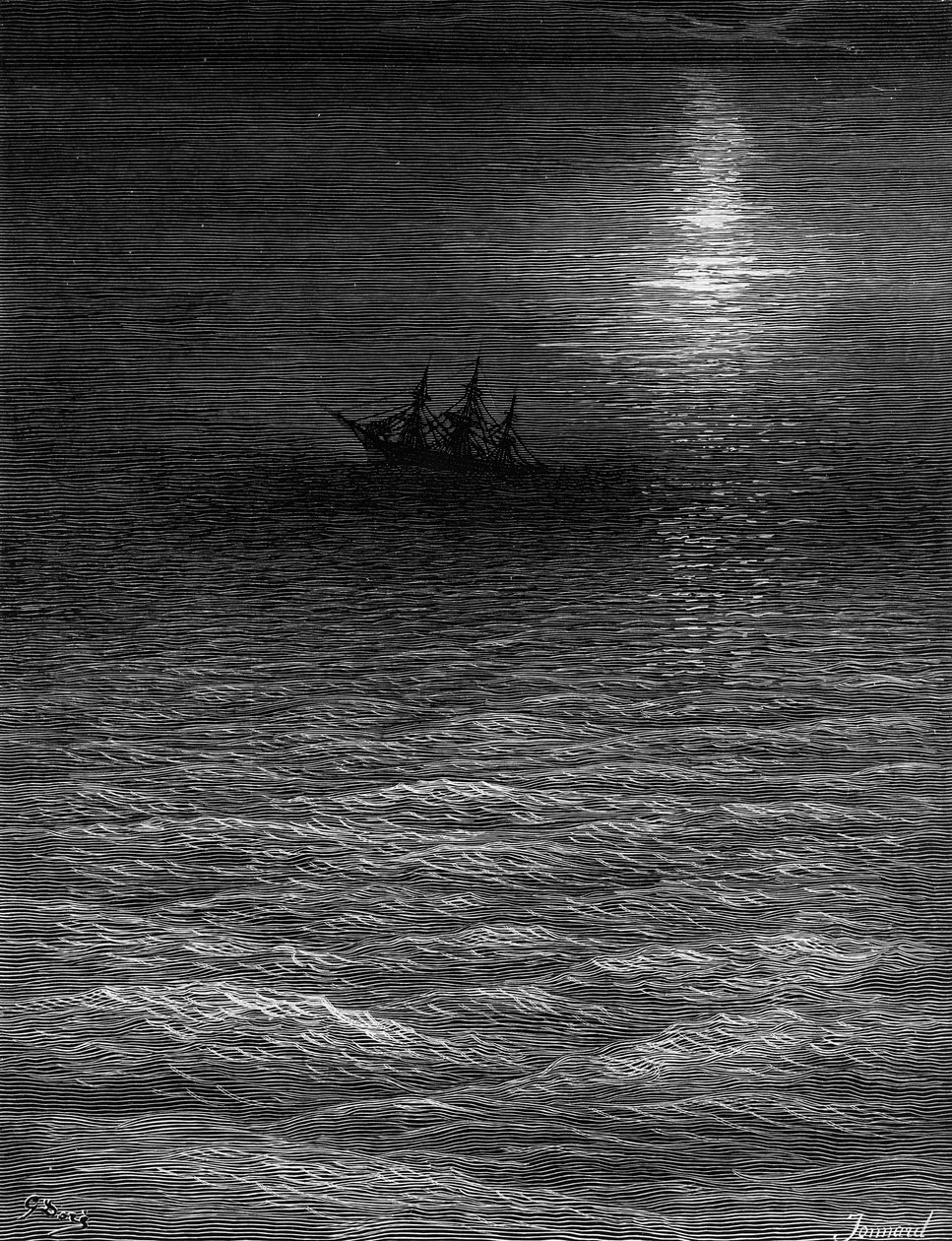 Det strandede skib i et måneskinnet hav, scene fra 