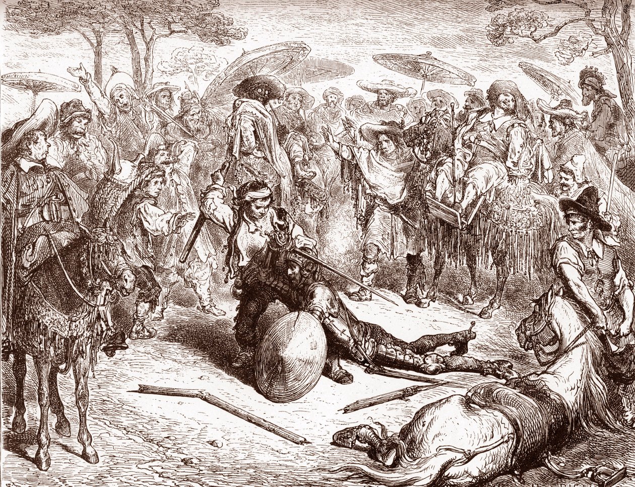 Købmændene i Toledo ser på, mens en af deres muldyrsdrivere slår Don Quixote Gravering af Gustave Dore (1832-1883) til "The Ingenieux Hidalgo Don Quixote Quixote" af Miguel de Cervantes (1547-1616)) 1863 Privat samling af Gustave Dore