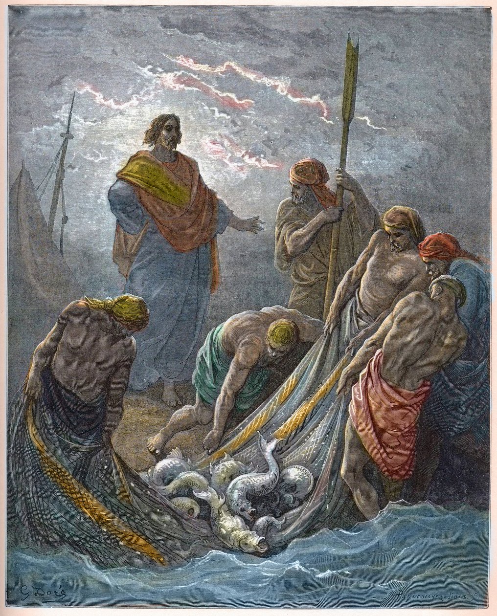 Det mirakuløse træk af fisk - Mirakuløst fiskeri - - Indgravering i "The Bible illustree" af Gustave Dore (1832-1883) - Indgravering fra "" The Dore Bible"" af Gustave Dore