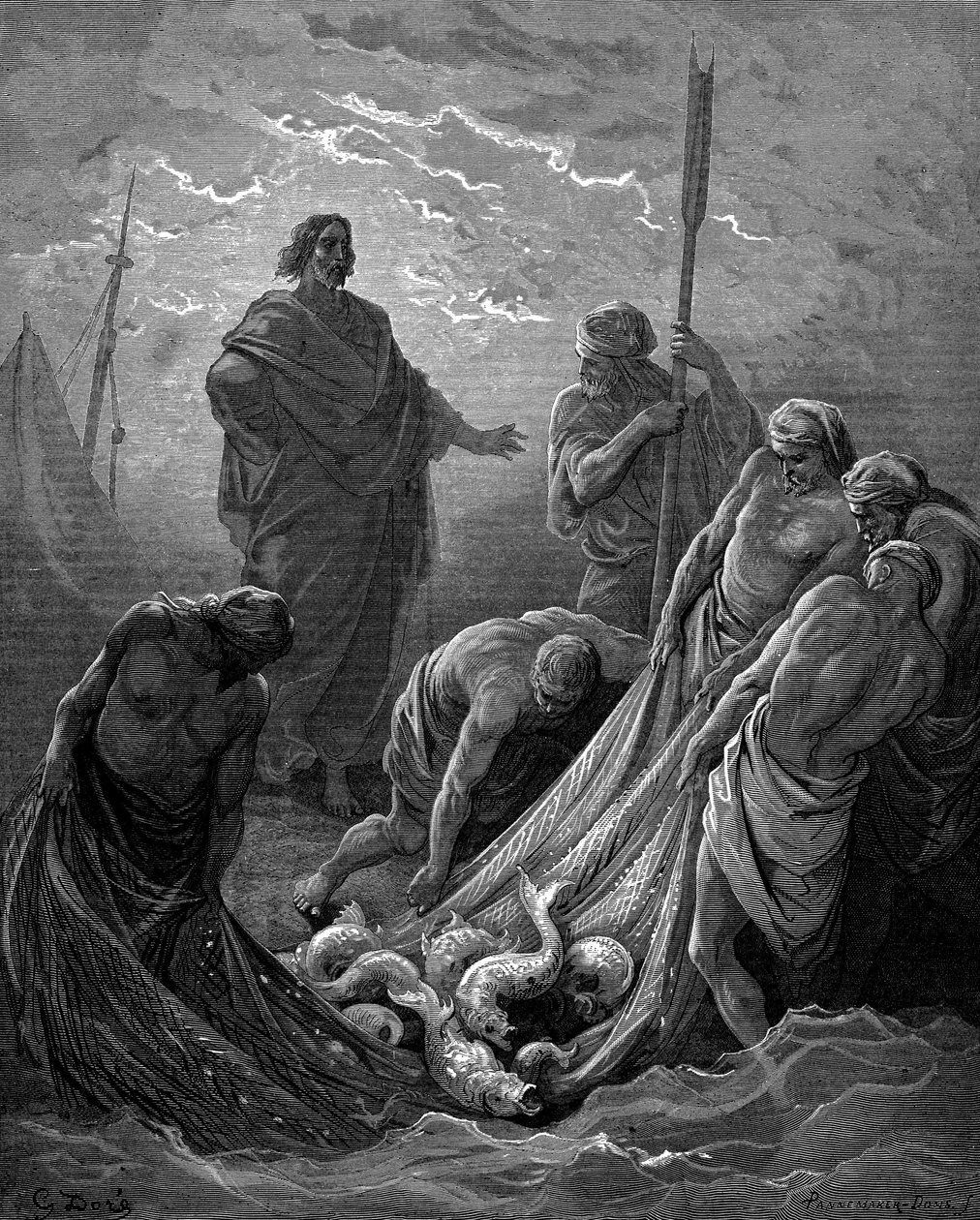 Det mirakuløse træk af fisk. Lukas: 5:6. Fra Gustave Dores illustrerede bibel 1865 af Gustave Dore