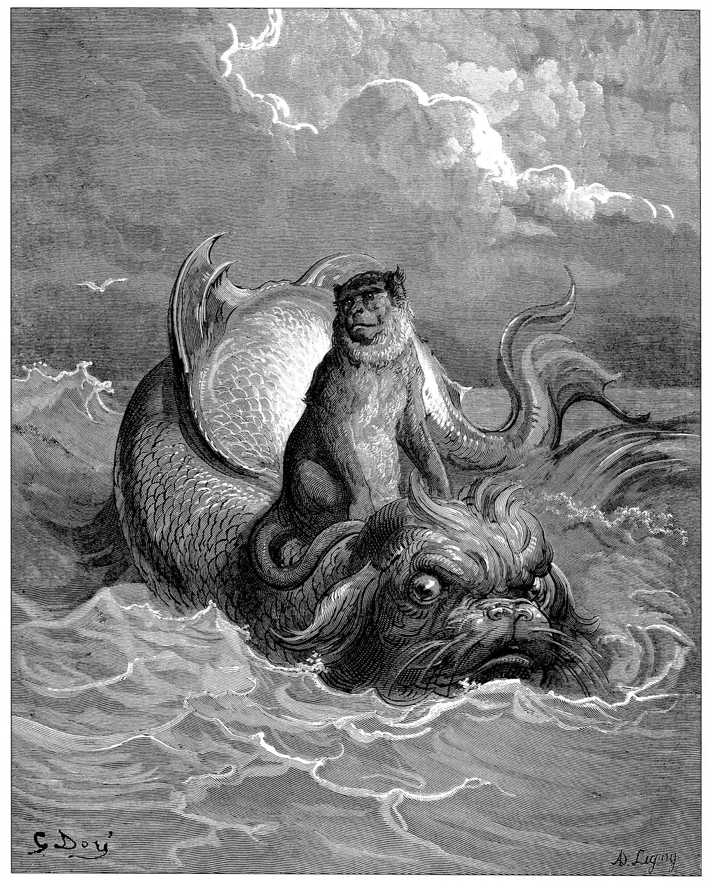 Aben og delfinen: fabel, Fabler af Jean de La Fontaine (1621-1695). Illustration af Gustave Dore (1832-1883) - af Gustave Dore