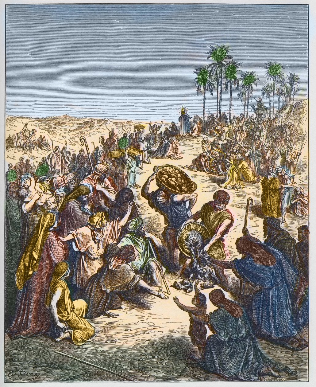 Brødets formering - Kristus fodrer mængden (Abundance Bread Christianity Crowd Engraving Fish) - indgravering i "The Bible illustree" af Gustave Dore (1832-1883) - Indgravering fra "" The Dore Bible"" af Gustave Dore