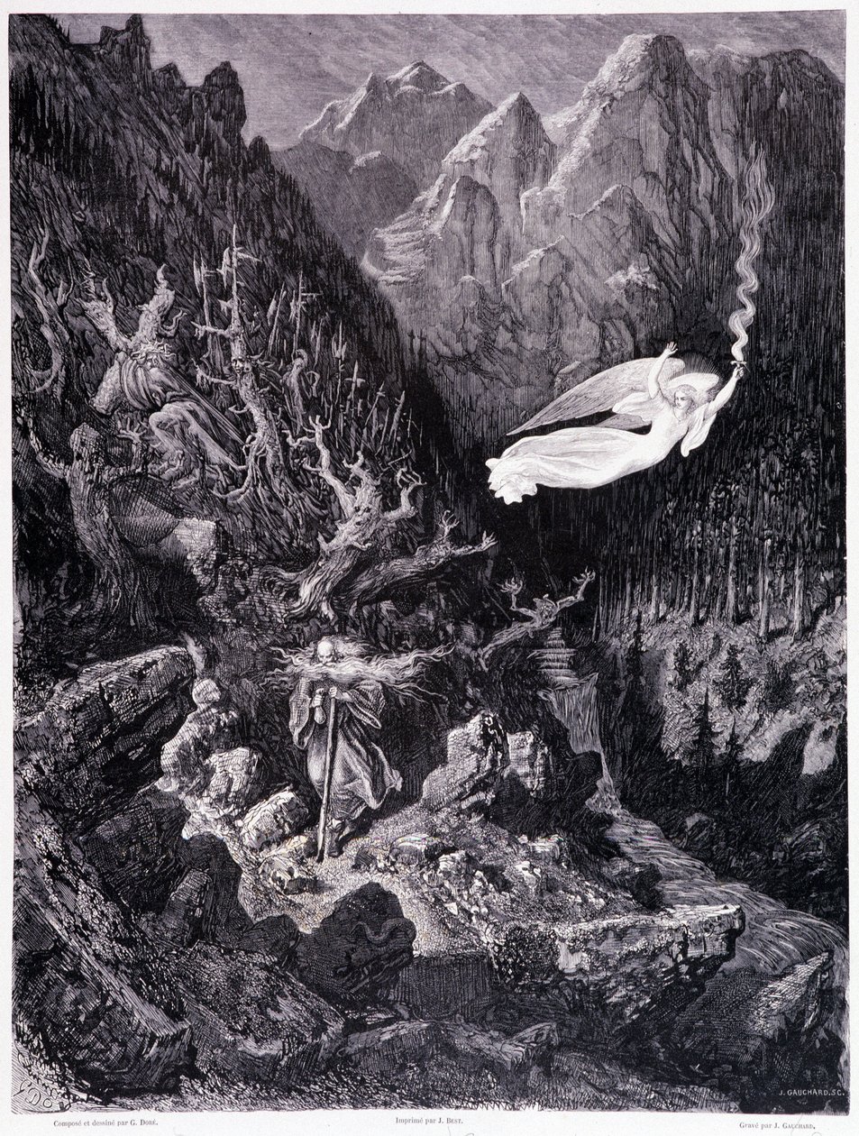Den gamle mand, der holder en pung og sin stok, der går i et fjendtligt landskab, overvindes af en engel, der vifter med en ildsfart, Tavle VII - Illustration af Gustave Dore (1832-1883), til La legende du Jew wandering af Pierre Dupont, Edition Librairie  af Gustave Dore