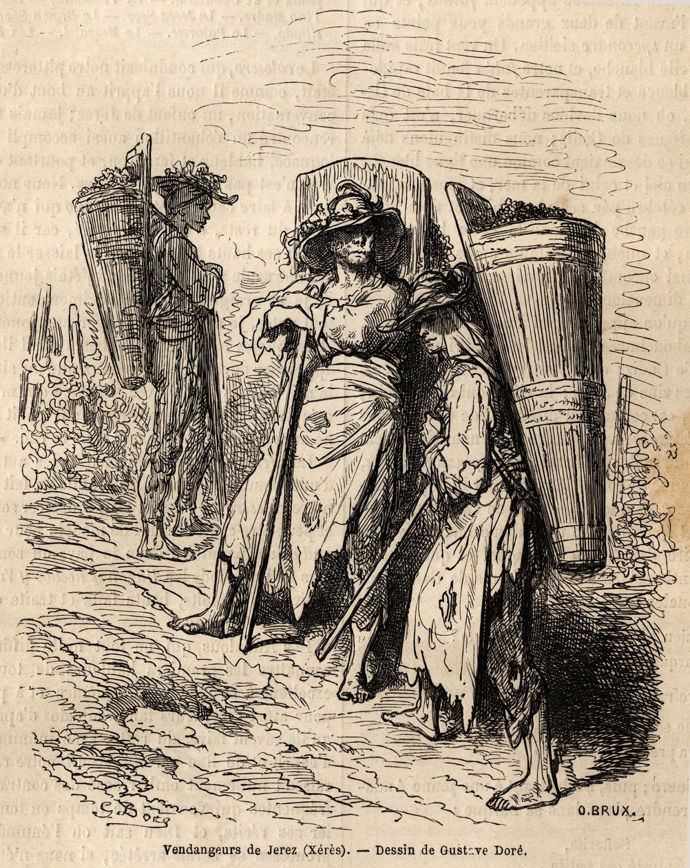 Plukkerne af Xeres. Tegning af Gustave Dore (1832-1883), til illustration af hans rejse til Spanien i 1862, med Ch. Davillier. Indgravering i "" Le tour du monde"", redigeret af Edouard Charton af Gustave Dore