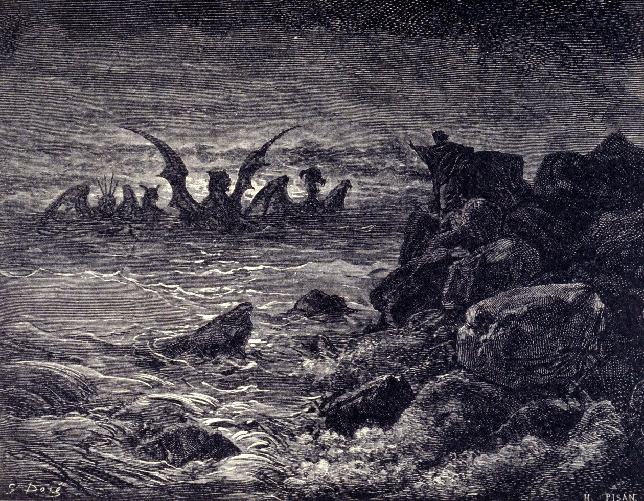 Profeten Daniel ser monstre dukke op: Haniel, Kafziel, Azriel, Aniel. Indgravering fra Bibelen illustreret af Gustave Dore. 19. århundrede af Gustave Dore
