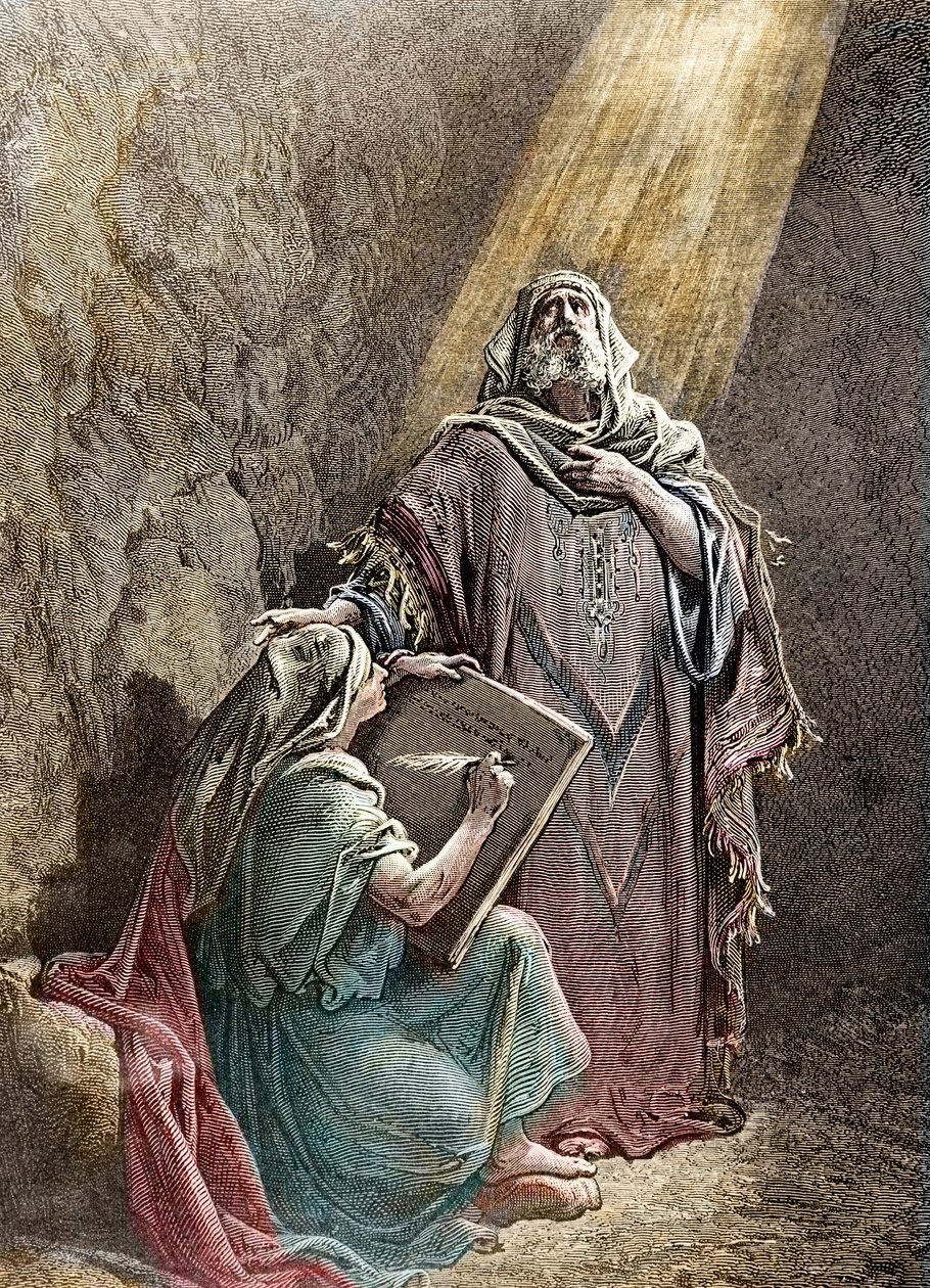Profeten Jeremie dikterer sine profetier til Baruch - Colorisee-gravering af Pannemacker, fra Gustave Dores bibel (1832-1883) - Jeremiah (650-585 f.Kr.), hebraisk profet. Jeremias dikterer sine profetier til Baruk. Stik af Pannemaker, The Bibl af Gustave Dore