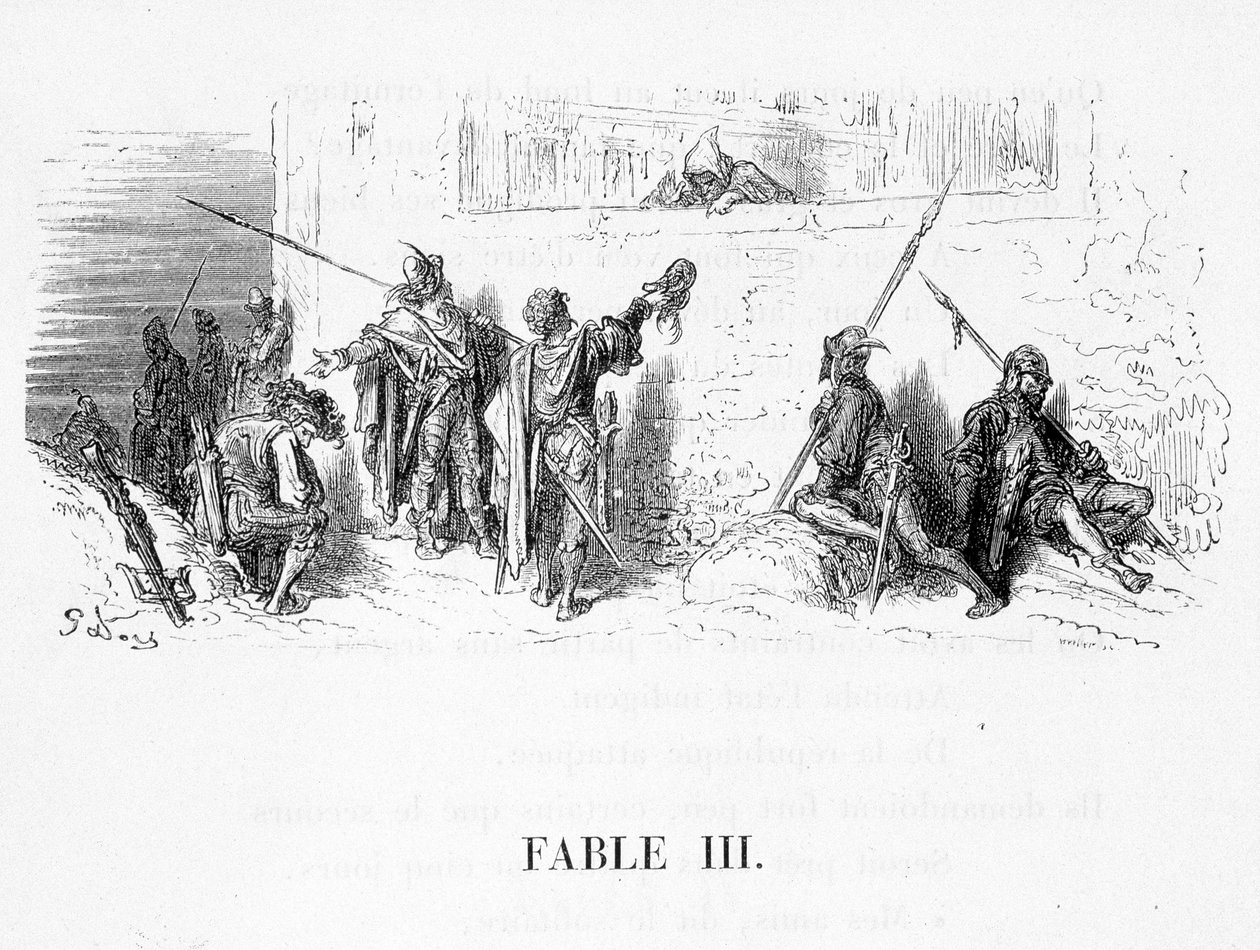 Rotten, der trak sig tilbage fra Verden i Jean de La Fontaines fabler. Illustration af Gustave Doré. af Gustave Dore