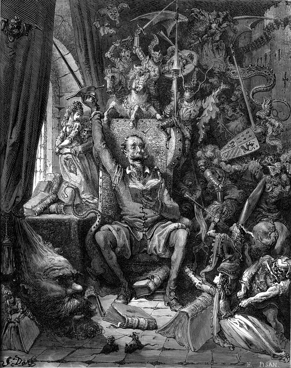 Don Quijoten (Quixote tai Qijote) lukeminen. Gustave Doren kaiverrus, joka kuvaa Miguel de Cervantes Saavedran kirjan "" L