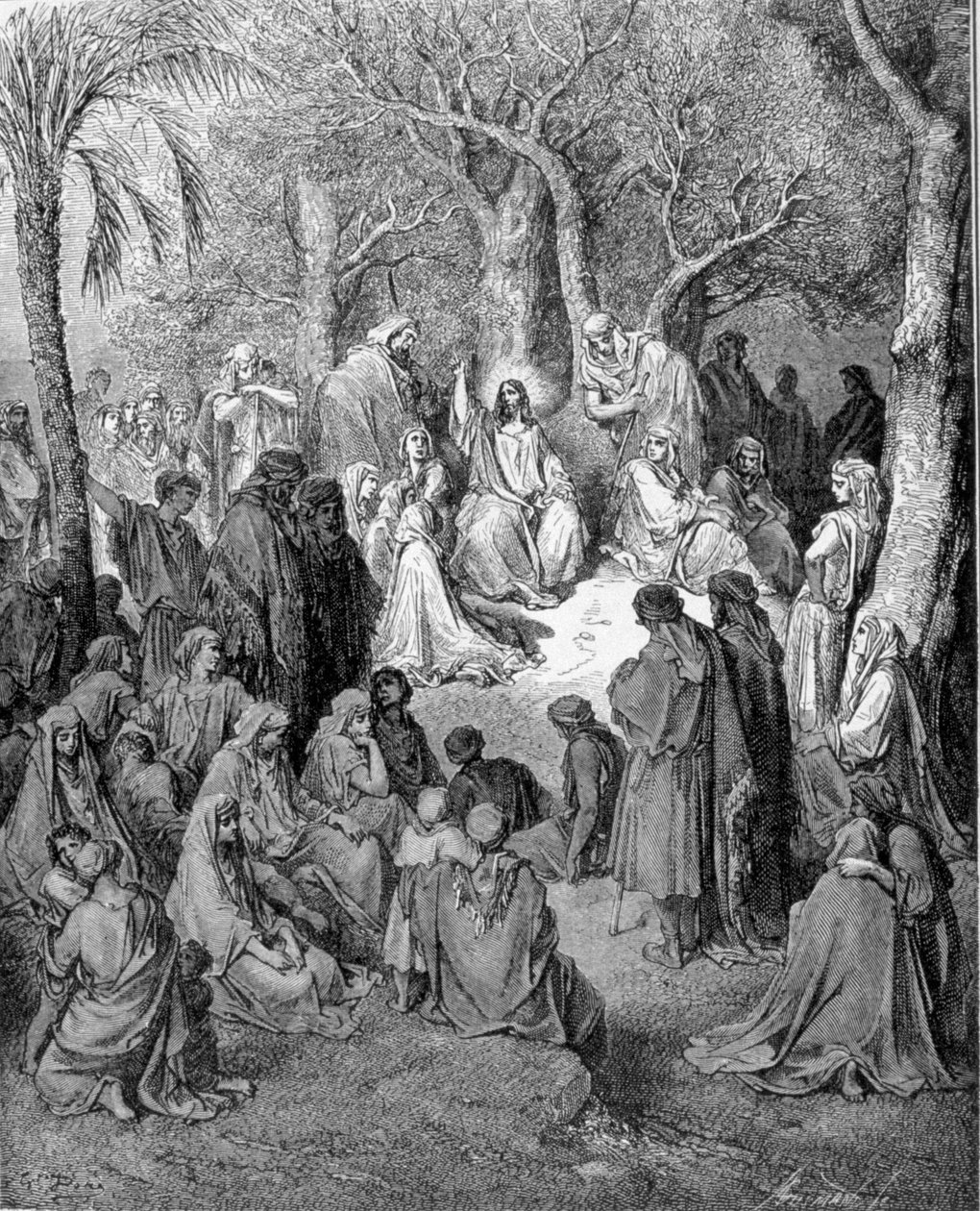 Bjergets prædiken: Jesus Kristus prædiker for alle sine disciple. Illustration af Bibelen (Det Nye Testamente) af Gustave Dore (1832-1883) 1866 af Gustave Dore