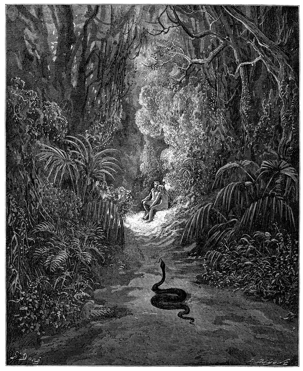 Slangen er på vej mod Adam og Eva. Illustration af Gustave Dore til "Paradise Lost" af John Milton (1608-1674). Gravering fra 1866. Privat samling af Gustave Dore