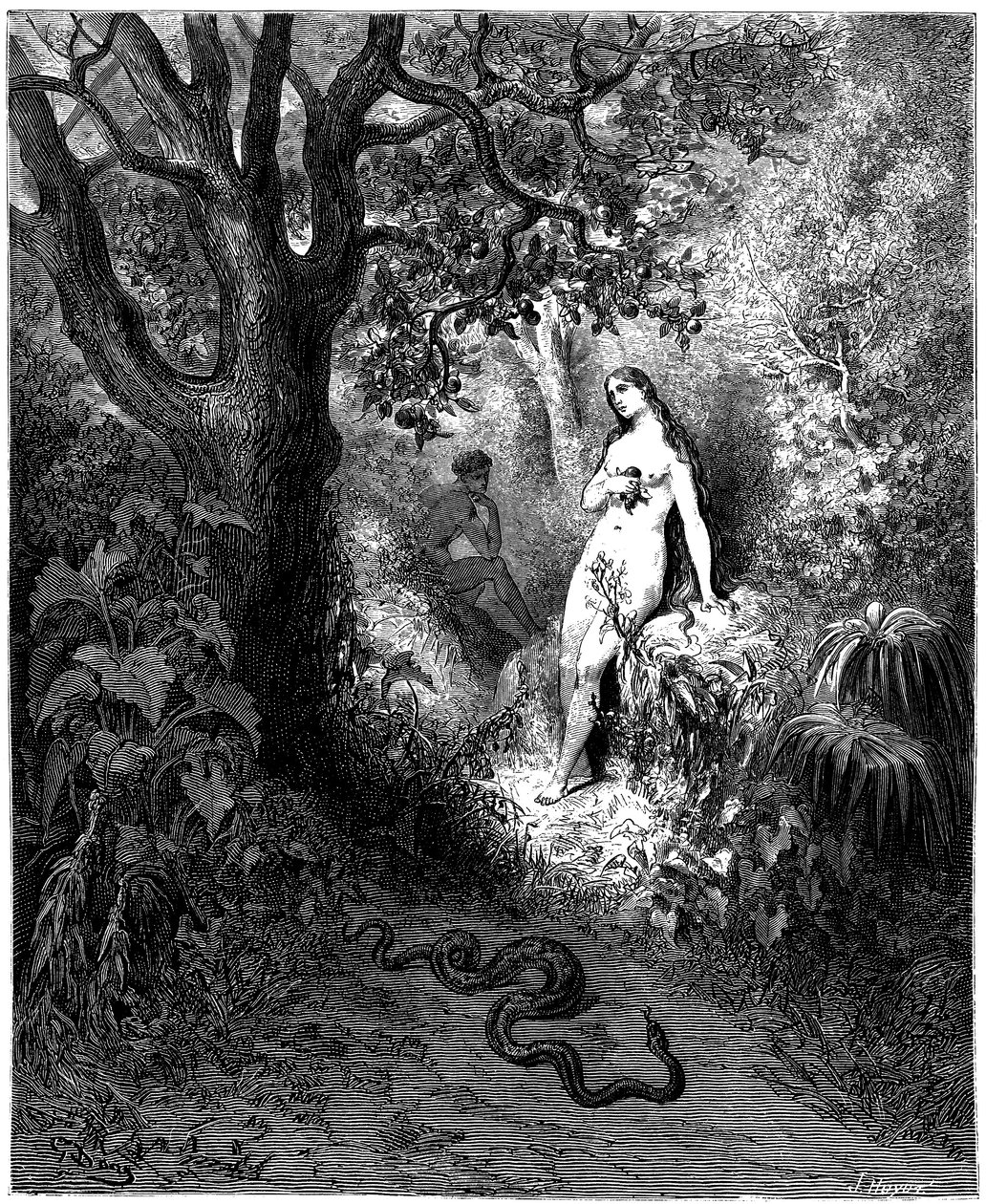 Slangen er på vej mod Adam og Eva. Illustration af Gustave Dore til "Paradise Lost" af John Milton (1608-1674) - Temptation - Fishing - Gravering fra 1866. Privat samling af Gustave Dore