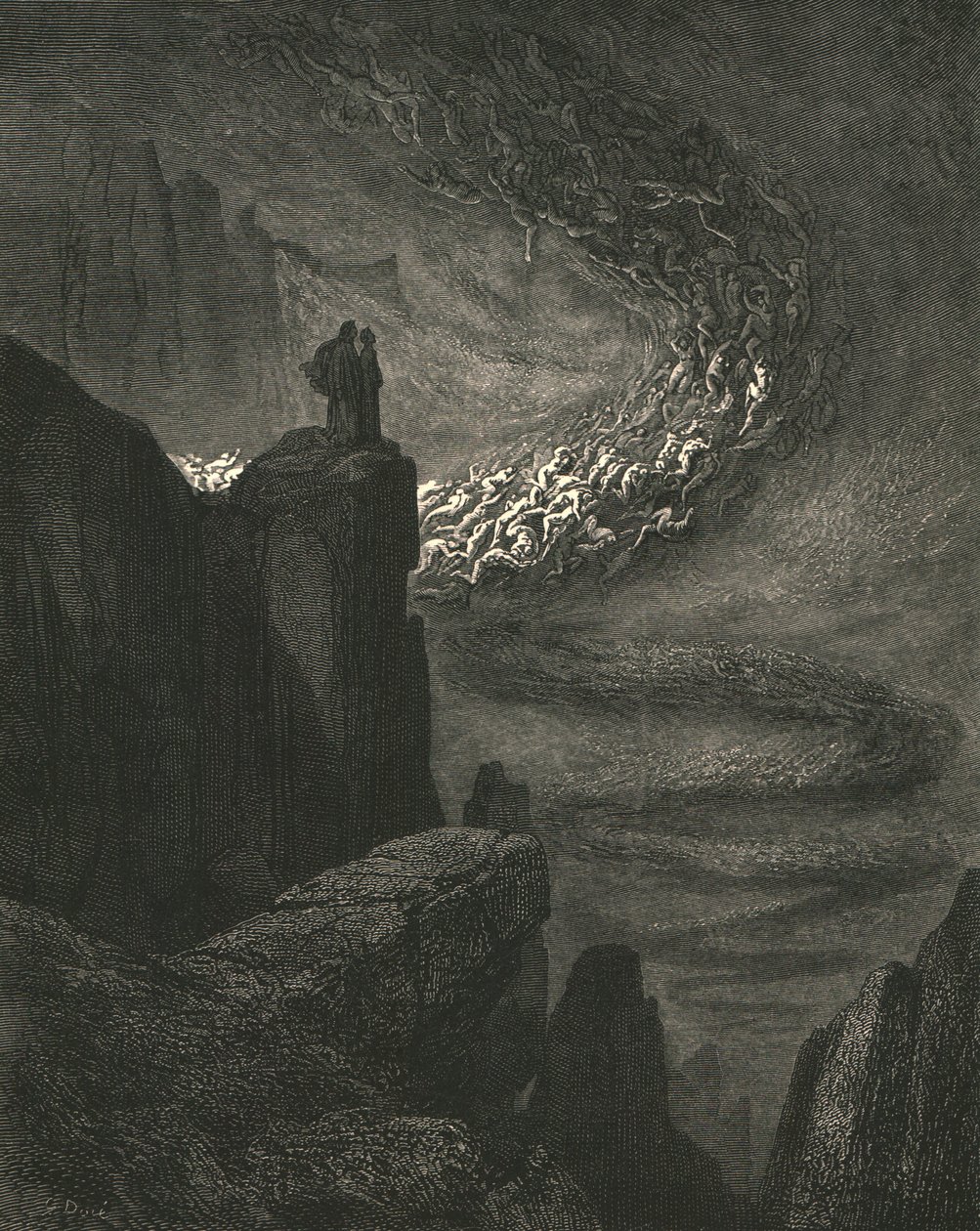 Helvedes stormende brag med rastløst raseri driver ånderne videre, c1890. af Gustave Dore