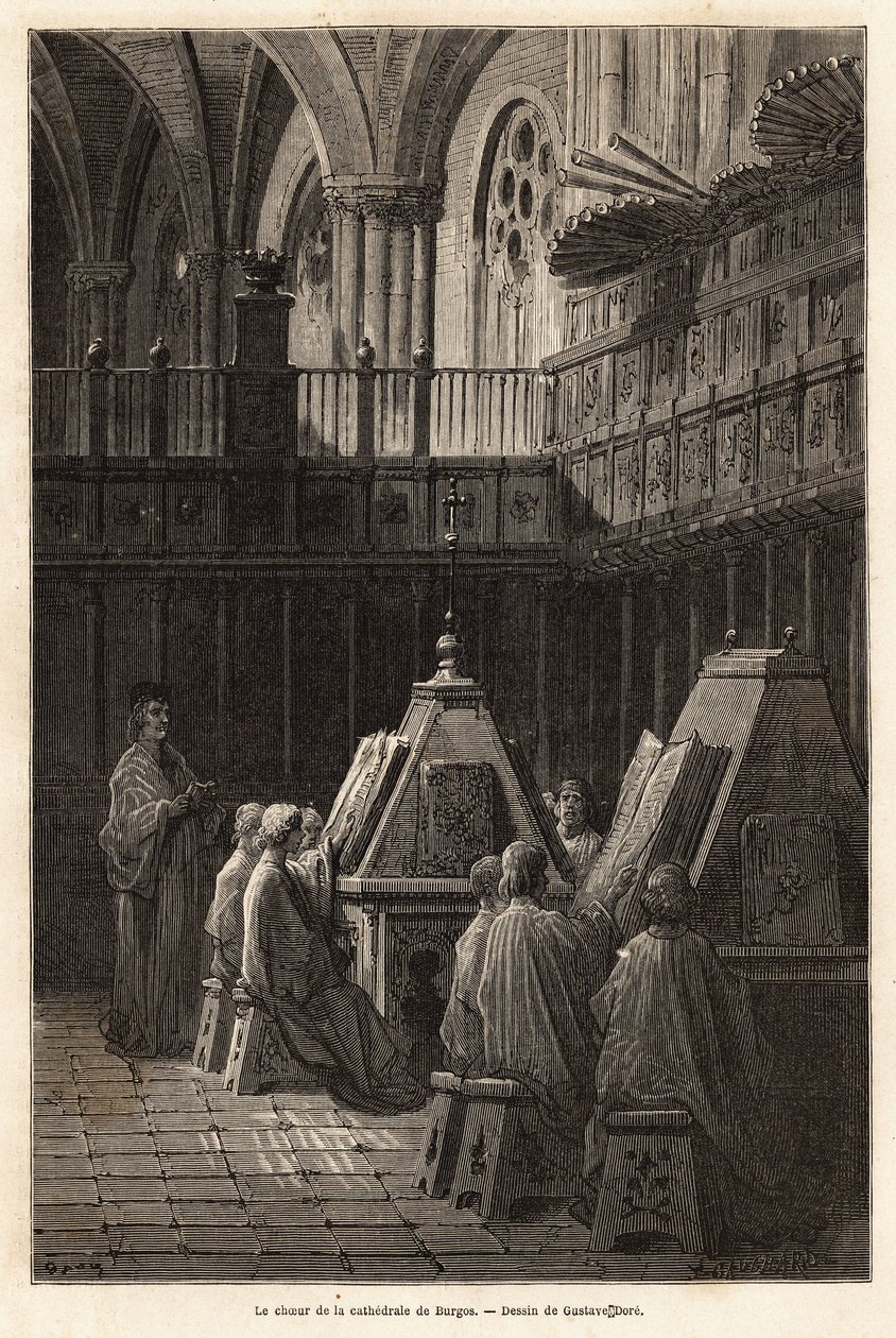 Studiet af salme af koret fra Cathedrale Santa Maria de Burgos (1400-tallet), hvis gudstjeneste har det særlige ved at blive sunget der af fem forskellige kor siden det 17. århundrede. Tegning af Gustave Dore (1832-1883). Gravering til syg af Gustave Dore