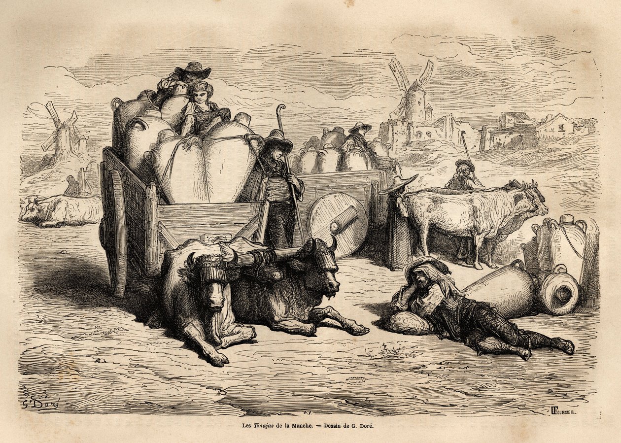 Kanalens tinajas, brugen af disse enorme jordkrukker erstatter brugen af tønder, og deres brug er meget gammel. Gravering til illustration af rejsen til Spanien af Gustave Dore (1832-1883) illustrator og baron Ch. Davillier reaktor, i 1862, udgivet i af Gustave Dore