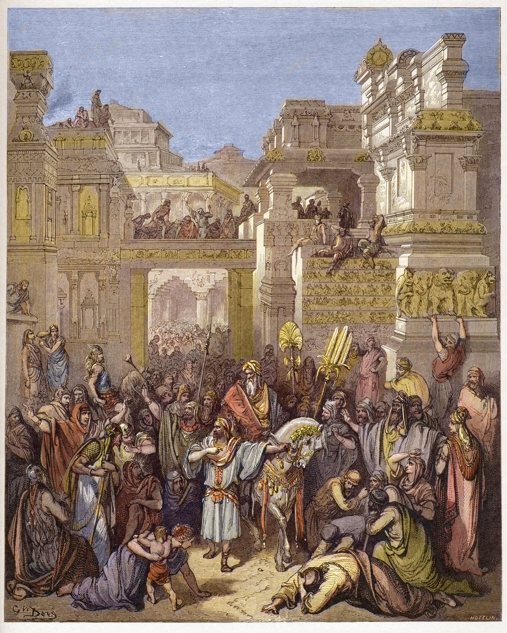 Mardochees triumf (eller Mordekhai eller Mordekai) - Triumf af Mordekai - - indgravering i "" Bibelen illustree"" af Gustave Dore (1832-1883) - Indgravering fra "" The Dore Bible"" af Gustave Dore