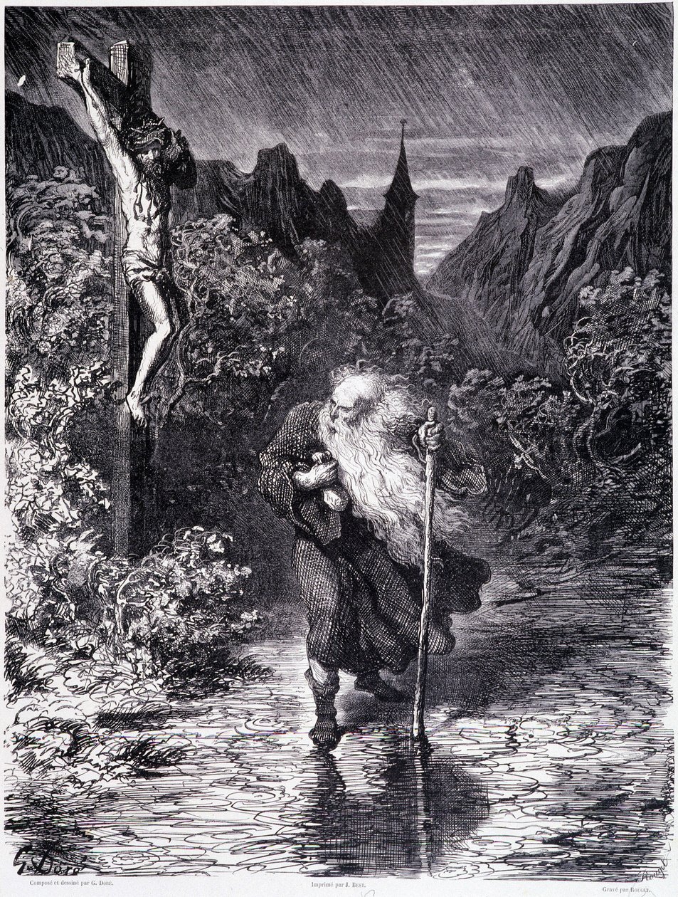 Den vandrende jøde, der passerer nær en Golgata - i "Legenden om den vandrende jøde"" af Gustave Doré, Boghandel i den maleriske butik af Gustave Dore