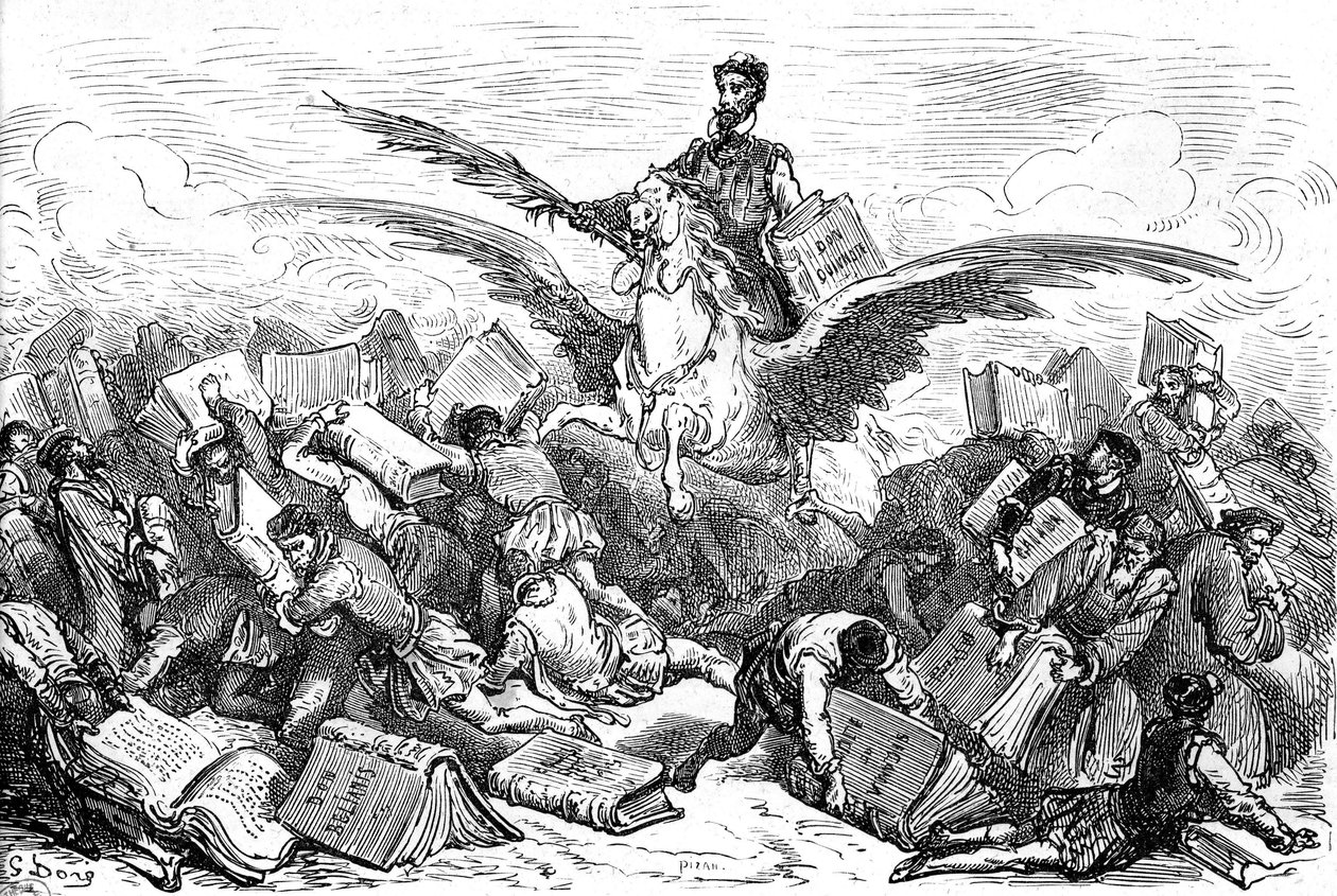 Forfatteren Cervantes rider på en vingehest (Pegase) med sin bog "Don Quijote" og en fjer i hånden, mens han flyver hen over andre forfattere, der bærer (tungt!) på deres bøger. Gravering af Gustave Dore, der illustrerer Hachette-udgaven af bogen "L