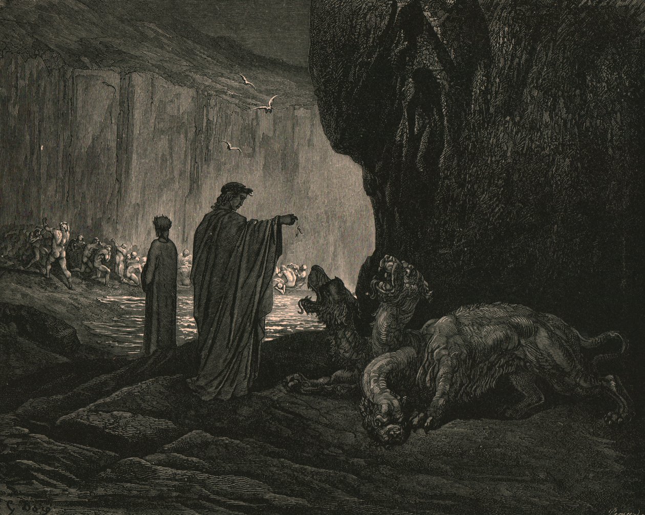 Så min guide, hans håndflader udvider sig på jorden, c1890. af Gustave Dore