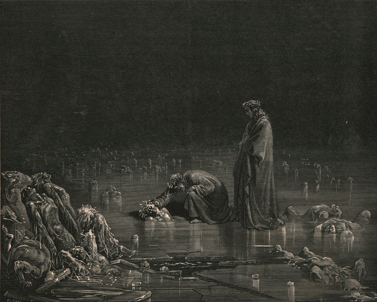 Da jeg tog fat i hans bagende hovedbund, råbte jeg: Nævn dig, eller ej skal et hår blive her, c1890. af Gustave Dore