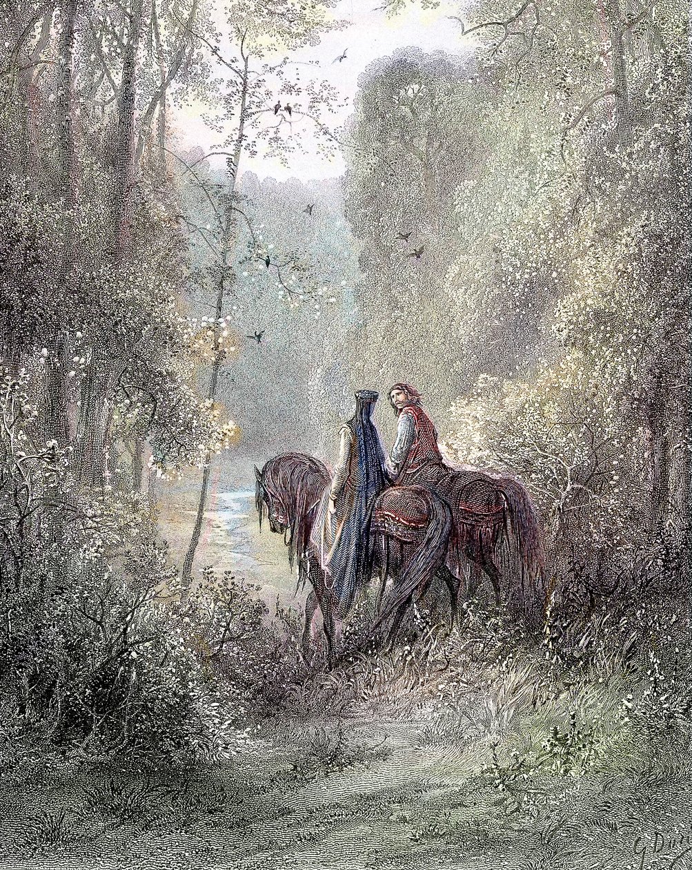 De tabte under lunde, der så ud til at være et paradis af blomster (Guenièvre og Lancelot) - i "" Guenièvre"" af Alfred Tennyson, ill. af Gustave Doré Paris, Librairie Hachette et Cie af Gustave Dore