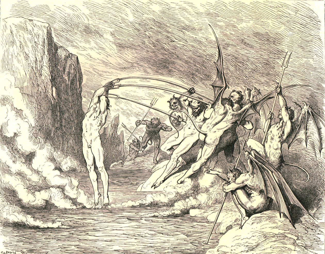 Når det er sagt, greb de ham med mere end hundrede kroge, c1890. af Gustave Dore